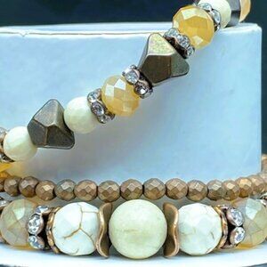 3pc Elegant Beaded Bracelet Set in Cream, Brown and Gold Tones